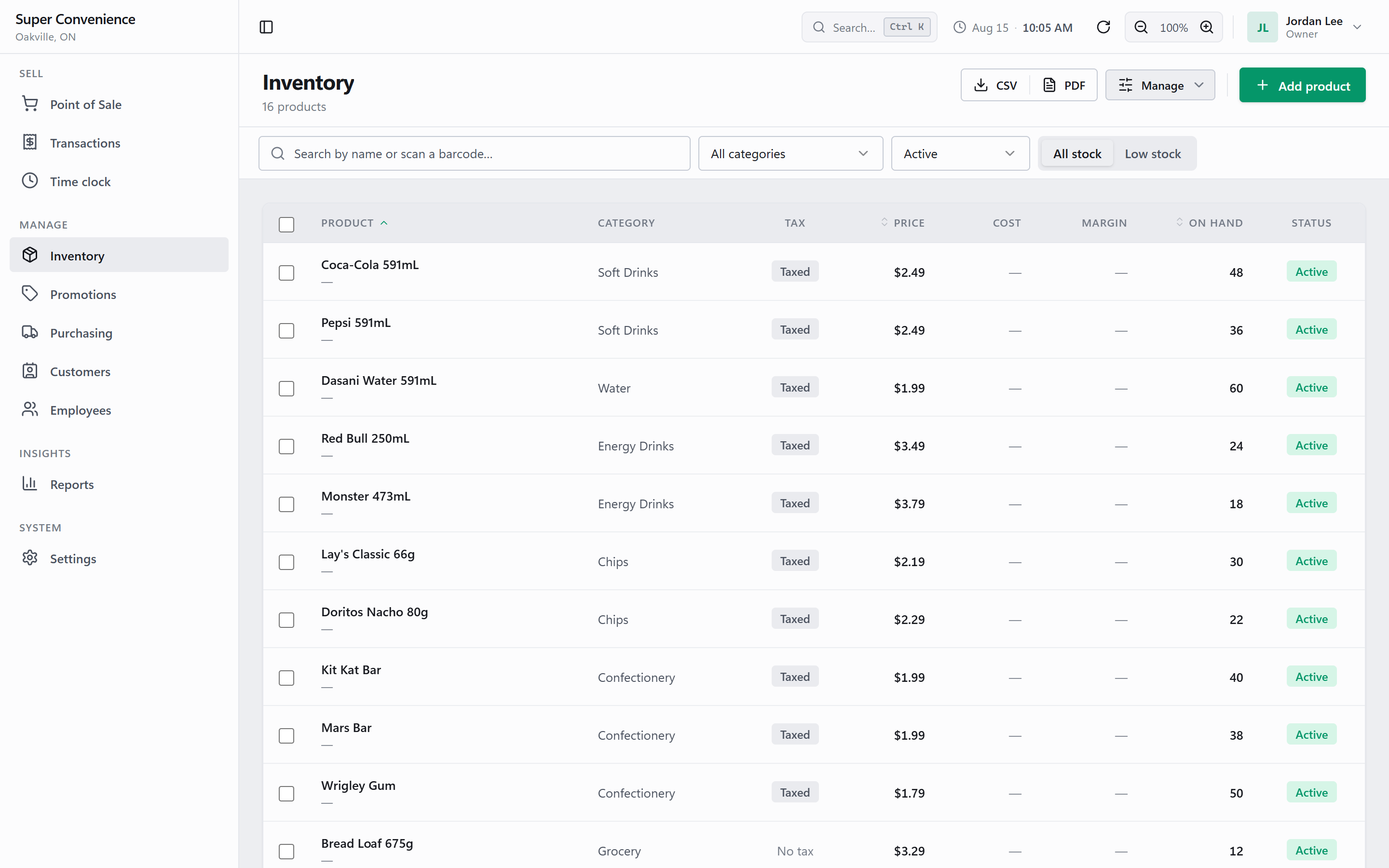 Estura inventory screen listing products with stock, cost, margin and reorder suggestions.
