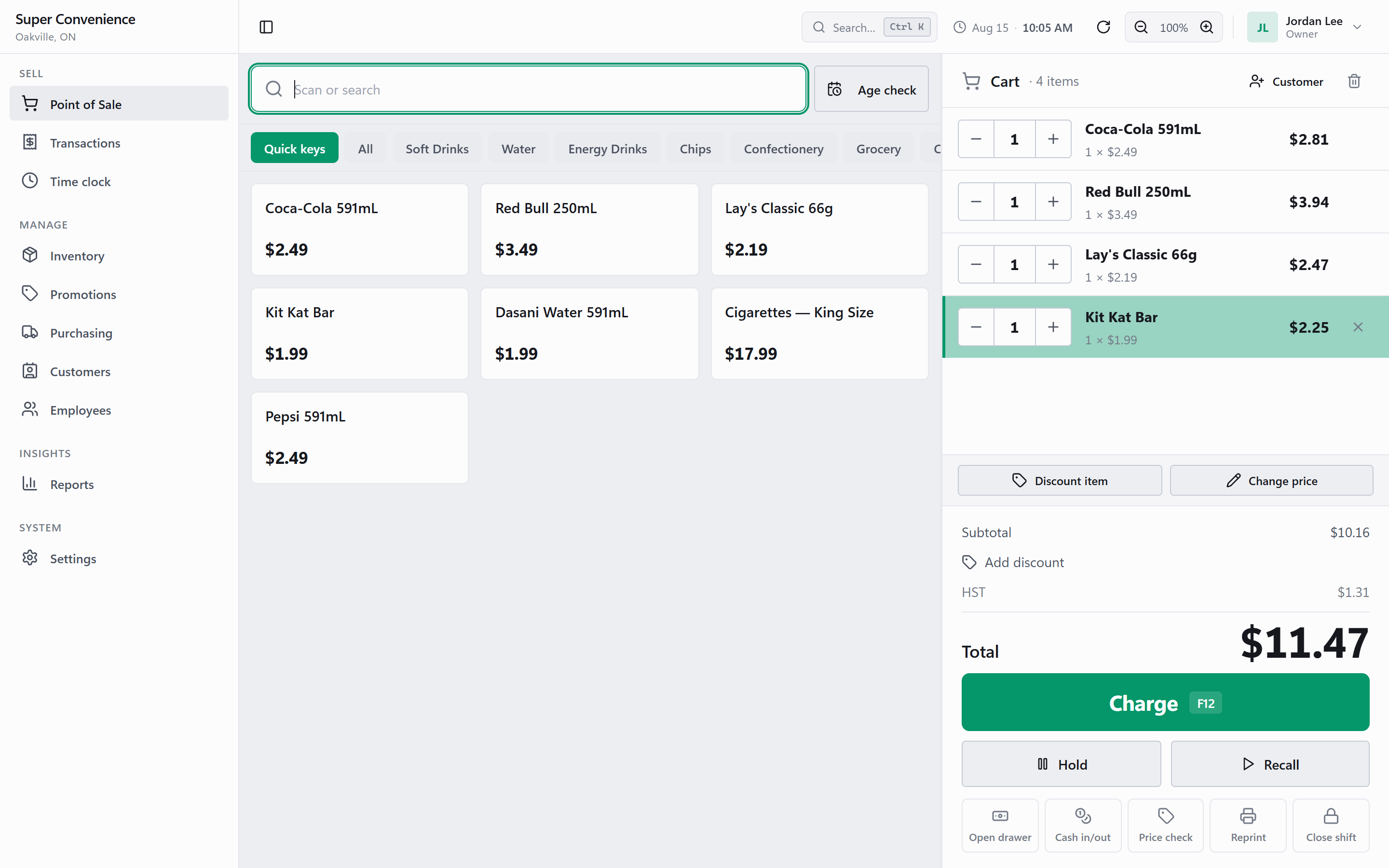 Estura convenience store checkout screen with a running total and tender panel